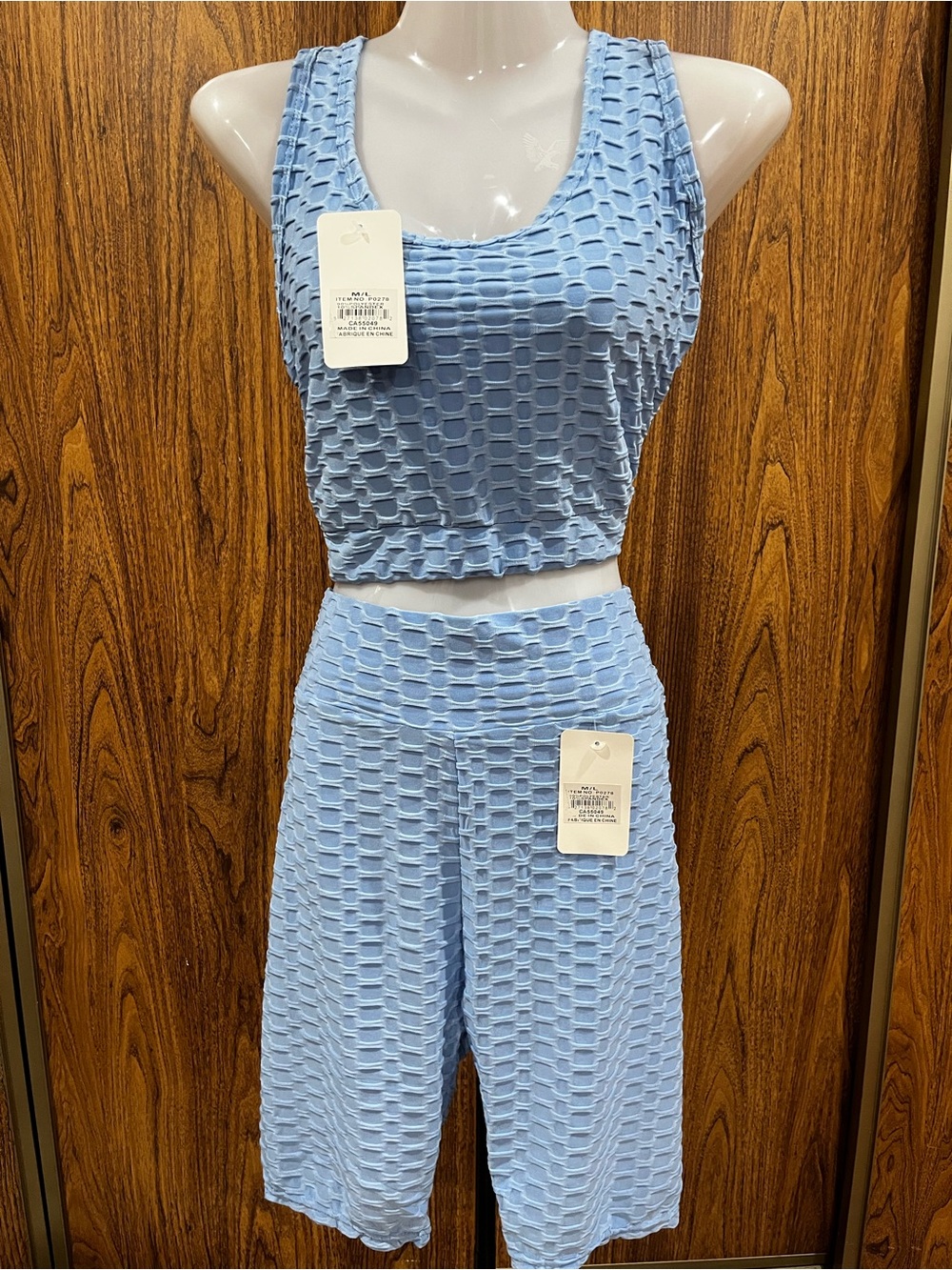 Light Blue Textured Two-Piece Crop Top & High-Waist Shorts Set